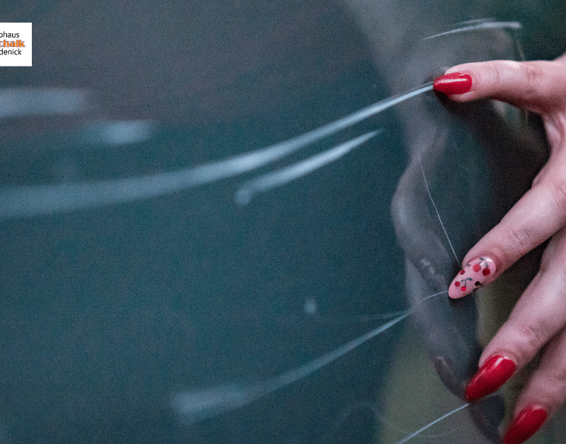 Eine Frauenhand mit rot lackierten Fingernägeln kratzt an einer Autotür entlang und verursacht Kratzer im Lack.